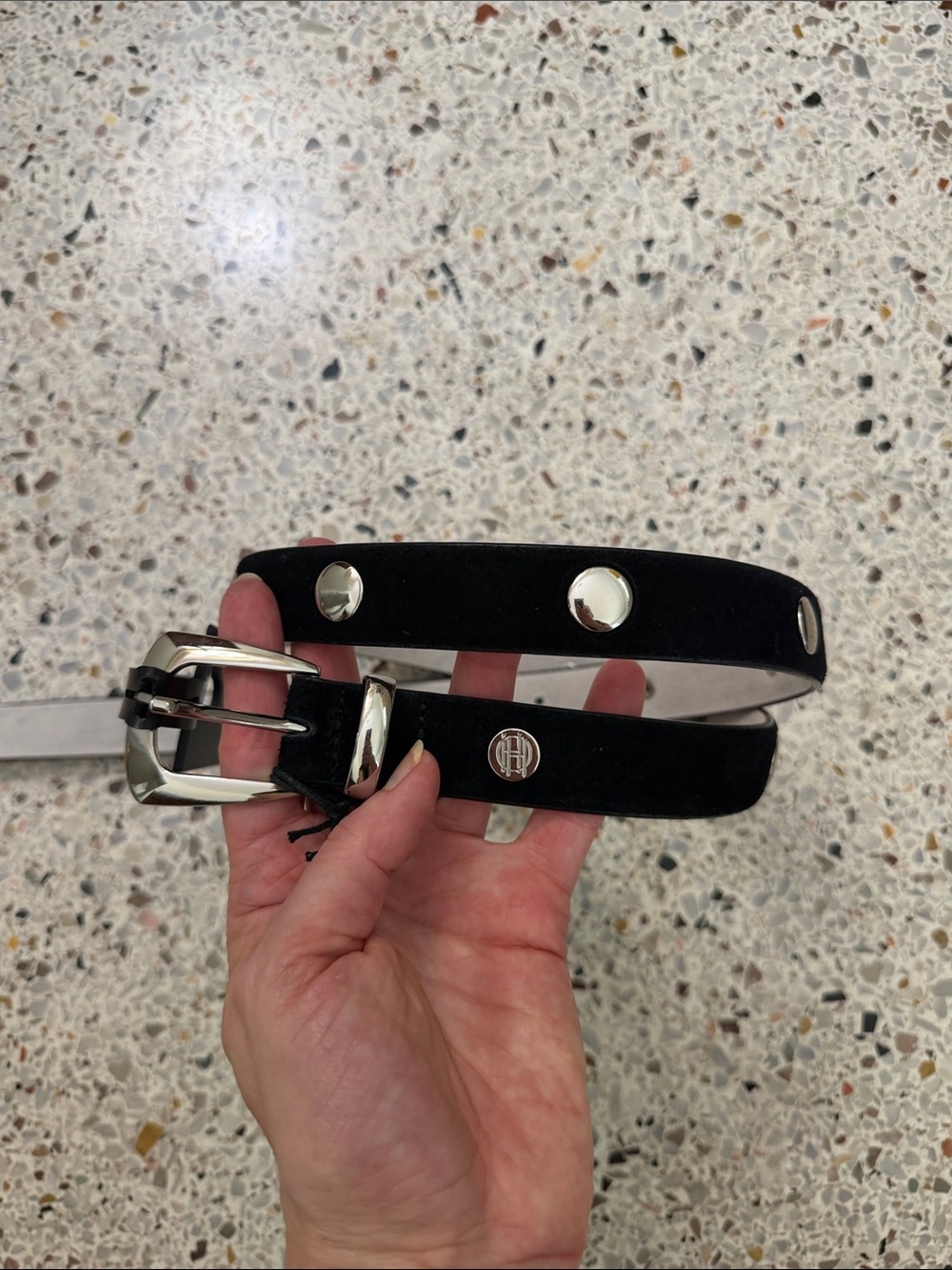 NWT House of Harlow black suede leather belt silver studs large L